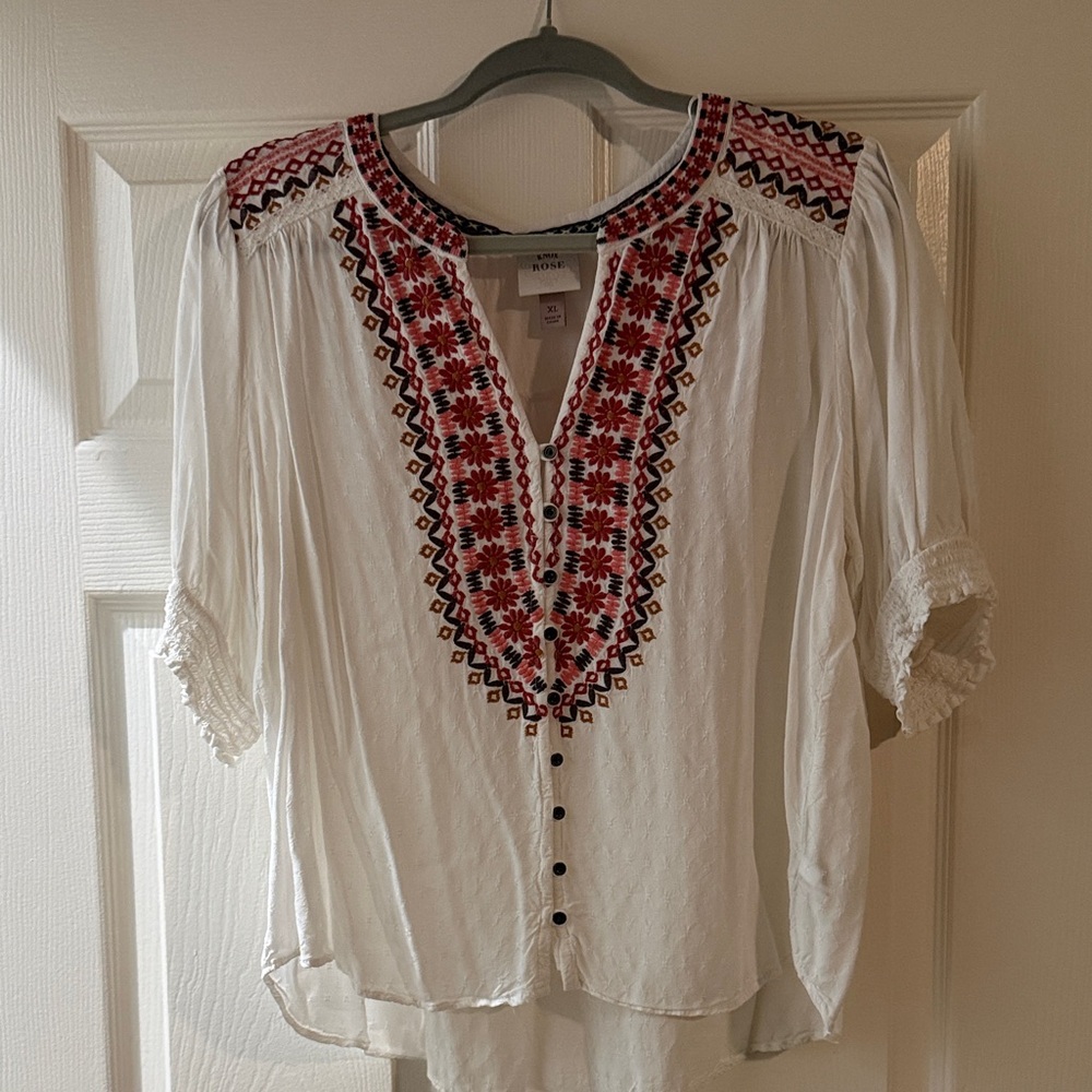 Boho Embroidered White Peasant Top with Red Accents